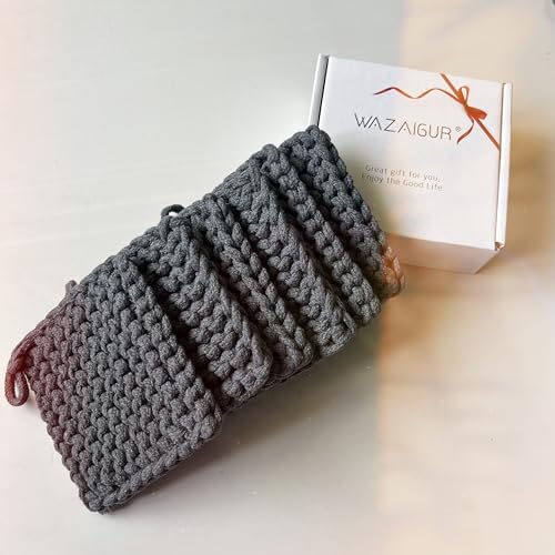 Set of 6 Hand-Made Cotton Coasters with Hanging Rings, Gift for Decoration of Dining Tables and Living Rooms, Super Absorbent Drink Coasters for Various Cups and Occasions, 4.7" x 4.7", Grey