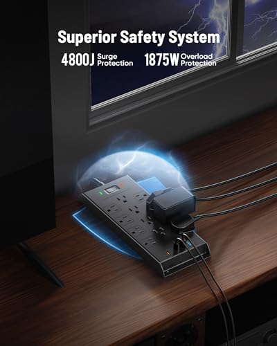 Surge Protector Power Strip 4800J - LeZone Flat Plug Extension Cord 5Ft, 12 Outlets 2 USB C 2 USB Ports, Wall Mountable, 20W Desk Charging Station, Black