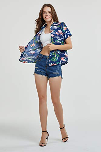 SSLR Hawaiian Shirts for Women Flamingo Shirt Tropical Shirts for Women Summer Casual Short Sleeve (Medium, Light Grey)