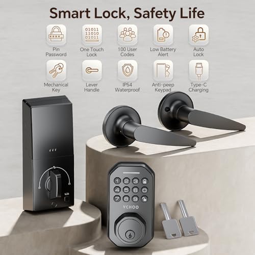 VCHOO Keyless Entry Door Lock Deadbolt with Handle Set Smart Locks for Front Door with Lever Handles Auto Locking, Anti-Peeping Password & Easy Installation for Homes Hotel Bedroom Doors IP54