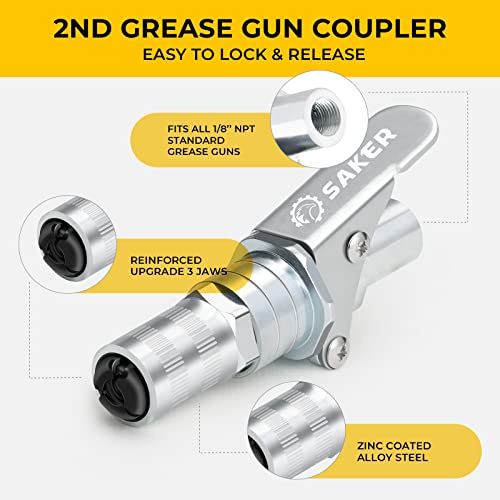 Saker Grease Gun Coupler-Upgrade to 14000 PSI,Duty Quick Release Grease Couplers,Compatible with All Grease Guns 1/8" NPT Fittings (1 PC)