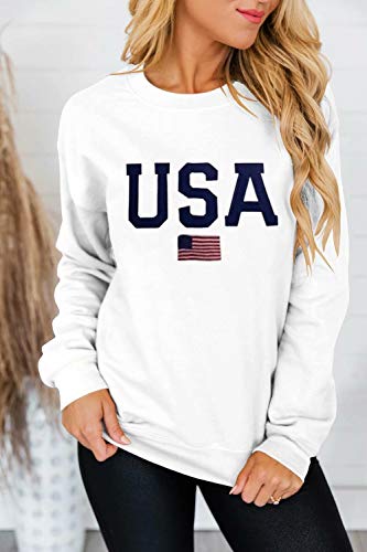 Dressmine Womens Usa Sweatshirt Long Sleeve Crewneck Sweater Graphic Tee Knit Pullover Sweater White 02 Medium