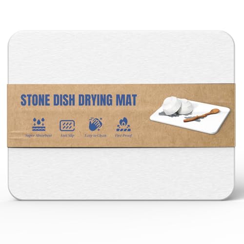 Plentio Quick Dry Stone Drying Mat for Kitchen Counter, Water-Absorbent Diatomaceous Dish Drying Mats, Multi-Purpose Stone Drying Tray for Cups Dishes Bottles, Ivory, 15.7"L x 11.8"W