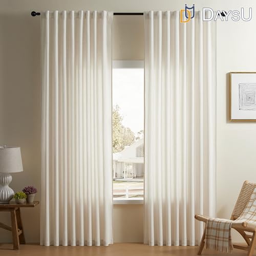 DaysU Linen Curtains 132 Inches Long 2 Panels Set for Bedroom/Living Room, Ivory Semi Sheer Farmhouse Curtains, Rod Pocket Hook Belt Long Curtains & Drapes, Light Filtering Privacy Added, W54 x L132