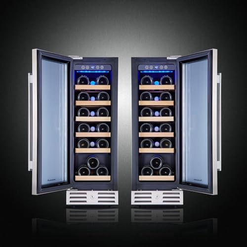 Kalamera Mini Fridge 18 Bottle - 12 inch Wine Cooler Refrigerator, Built-in or Freestanding, with Stainless Steel & Double-Layer Tempered Glass Door, and Temperature Memory Function Wine Fridge