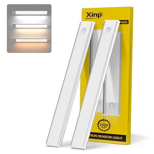 xinp Under Cabinet Lighting, 3 Color Magnetic Motion Sensor Light Indoor, USB Rechargeable Closet Lights 1800mAh Battery Operated, Wireless Dimmable Under Counter Light Bar for Kitchen,Hallway