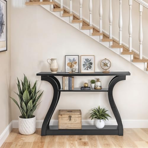 ZenStyle Wood Console Table with Curved Legs and Shelf, 3 Tier Modern Accent Sofa Table for Entrywaty, Living Room, Hallway, 47 in Wide, Easy Assembly (Black)