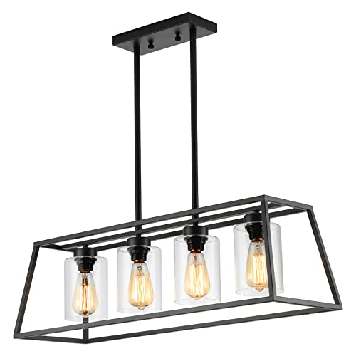 Black Farmhouse Chandeliers for Dining Room, Rustic Kitchen Island Light Fixture, 4-Light Linear Pendant Lights Kitchen Island with Glass Shade ，Apply to Dining Room Light fixtures Over Table