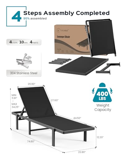 Aluminum Chaise Lounge Chair Outdoor, Patio Lounge Chair with Adjustable 5-Position Recliner and Full Flat Tanning Chair for Patio, Beach, Pool, Black