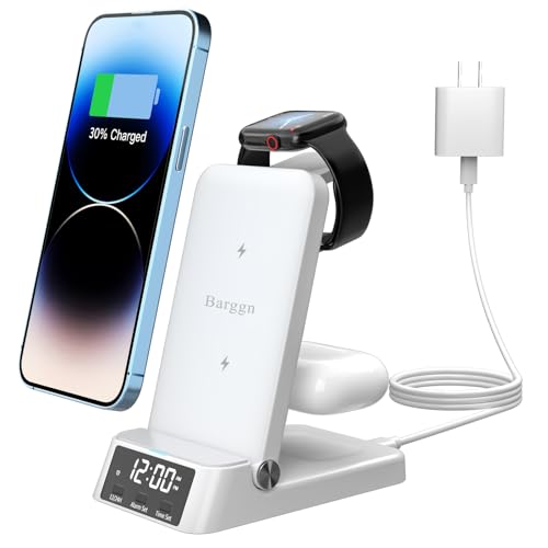 Barggn 4 in 1 Fast Wireless Charging Station for Apple Devices,Wireless Charger for iPhone 15/14/13/12/11series iWatch and Airpods,Charger with Clock LED High-Clear Screen(with 20W Adapter (White)