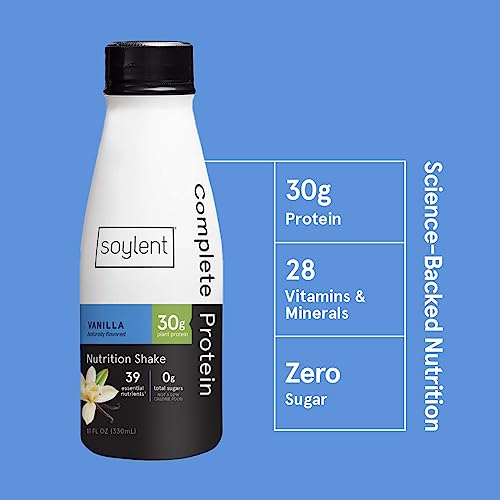 Soylent Complete Protein Shake, Vanilla, 30g Protein, Vegan, Dairy Free and 0g Sugar, Ready to Drink Protein Drinks, 11oz (12 Pack)