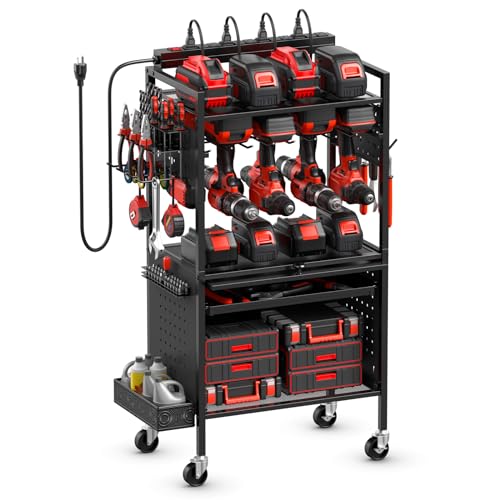 CCCEI Garage Power Tools Organizer Cart with Charging Station, Floor Standing Drill and Tools Battery Storage Cart with Cabinet. Utility Rack Gift for Men, Husband, Father Red.