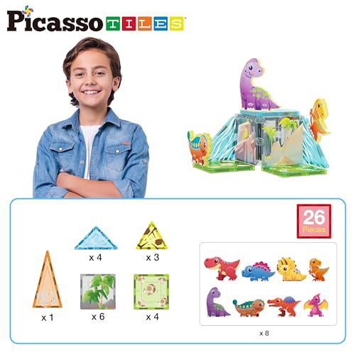 PicassoTiles Magnet Tile Building Blocks Dinosaur World Themed Playset with 8 Animal Character Action Figures Magnetic Tiles STEM Learning Pretend Play Toy Construction Set Boys Girls Ages 3+ PTQ23