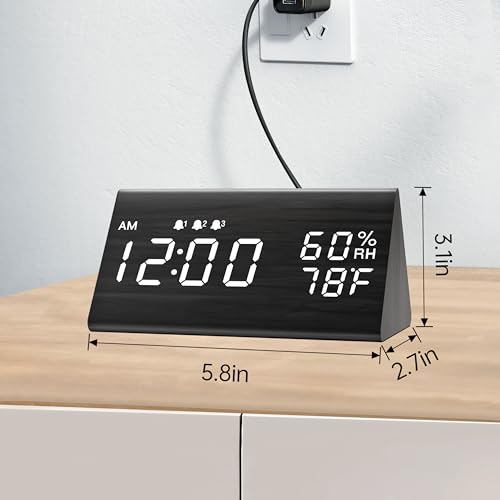 Digital Alarm Clock, with Wooden Electronic LED Time Display, 3 Alarm Settings, Humidity & Temperature Detect, Wood Made Electric Clocks for Bedroom, Bedside (Black)