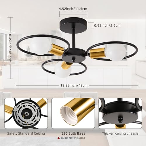 KPWONY Modern Sputnik Chandelier 3-Light Semi Flush Mount Ceiling Light Fixture Black and Gold Chandelier Ceiling Light with E26 Base Sputnik Lights Fixture for Dining Room Bedroom Hallway Living Room