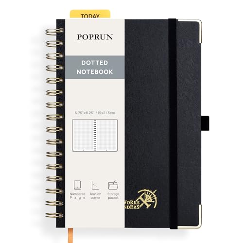 POPRUN Spiral Bullet Dotted Journal Notebook, [A5-5.75'' x 8.25''] - 120 GSM Thick Paper, 144 Numbered Pages, Hardcover for Men & Women with Pocket, Index Tabs, 8 Perforated Sheets, Black