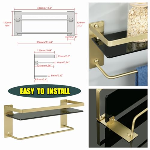 Alise Bathroom Shelves Glass Shelf with Bar,Wall Mount Floating Shelves for Bathroom,1 Tier Tempered Glass Holder Storage Organizer,SUS304 Stainless Steel Gold and Black GDL2001-GB