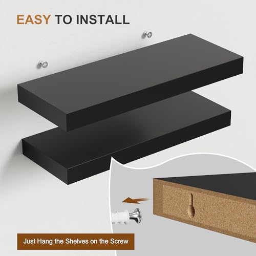 Bellsal Floating Shelves for Wall, Black Engineered Wood Wall Shelf Set of 2, 24" Wall Mounted Floating Shelf for Kitchen, Living Room, Bedroom, Bathroom Storage, Book Shelf for Wall Home Decor
