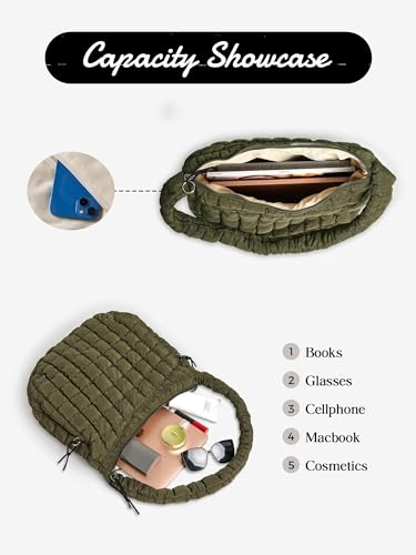 Puffer Quilted Shoulder Bag for Women Padding Shoulder Bag Puffy Hobo Bag Trendy Tote Bag 2024, Army Green