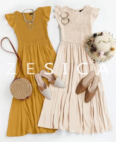 ZESICA Women's 2024 Summer Casual Flutter Short Sleeve Crew Neck Smocked Elastic Waist Tiered Midi Dress,Light Khaki,X-Small