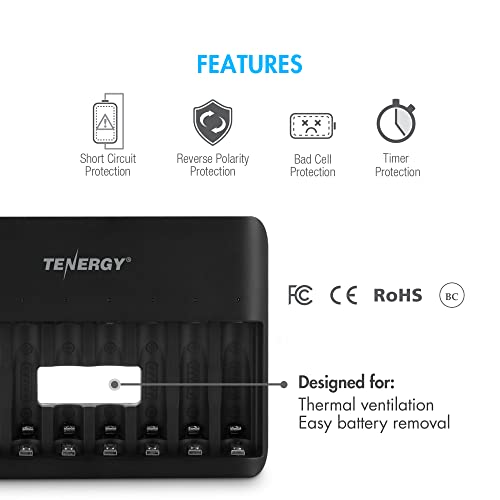 Tenergy TN477U 8-Bay Fast Charger for NiMH/NiCD AA AAA Rechargeable Batteries with 4pcs 2500mah AA and 4pcs 1000mah AAA Rechargeable Batteries