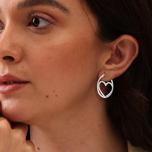 LeCalla 925 Sterling Silver Hoop Earrings Jewelry Rose-Gold Plated Lightweight Italian Design Love Theme Asymmetric Heart Shape Hoops Earring for Women - 30mm