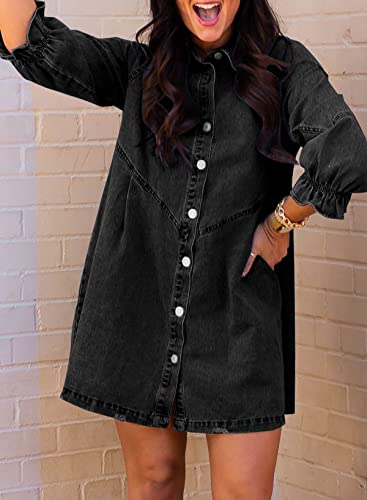 Sidefeel Womens Smocked 3 4 Sleeve Button Down Denim Jeans Dresses Small Black