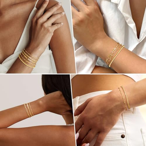 adoyi Gold Bracelets for Women, 14K Gold Plated Bracelet Stack Set Adjustable Stackable Charm Bracelets Paperclip Chain Cuban Link Layered Waterproof Gold Jewelry Sets Gifts for Womens 6.0 Inch