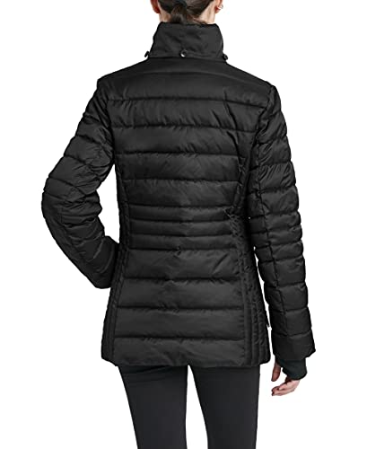 HFX Women's Short Puffer Jacket with Faux Fur Trimmed Hood and Cinched Waist, Water Resistant, Black, Small