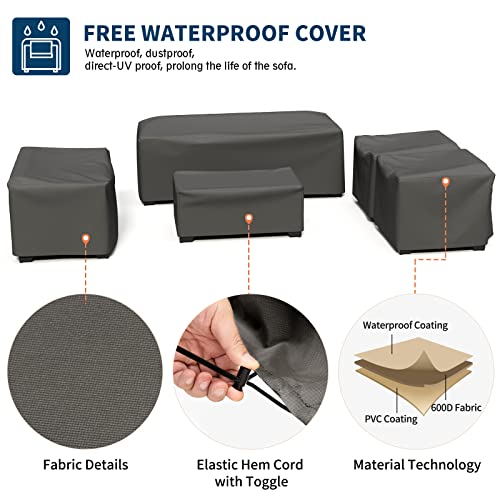 UDPATIO Patio Furniture Set with 44" Fire Pit Table, 7 Pieces Outdoor Furniture Sets, Wicker Rattan Patio Conversation Sets with Ottoman and Waterproof Covers for Porch Deck Backyard, Khaki