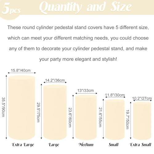 Set of 5 Spandex Cylinder Pedestal Stand Covers Beige Stretchable Cylinder Plinth Covers Dessert Table Display Pillars Cover for Wedding Props Baby Shower Birthday Party Event Decor