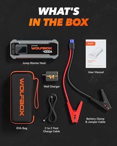 WOLFBOX 4000A Jump Starter,12V Car Battery Jump Starter with 65W Quick Charger,LED Display,24000mAh Portable Jump Starter Battery Pack(10L Gas 10L Diesel Engine) with Booster,LED Light,Jumper Cables