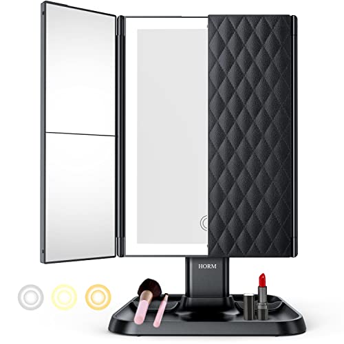 Trifold Makeup Vanity Mirror with Lights - 3 Color Lighting Modes 72 LED, Touch Control Design, 1x/2x/3x Magnification, Portable High Definition Cosmetic Lighted Up Mirror (Black)