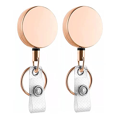 Heavy Duty Retractable Badge Reel Metal Badge Holder Reel with Belt Clip Key Ring for ID Card Keychain, 21.6" Reinforced Steel Wire Cord (Rose Gold+Black)