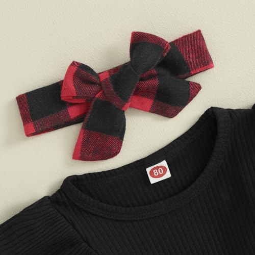 Fernvia Toddler Kids Baby Girl Christmas Outfits Turtleneck Ribbed Knit Tops Plaid Button Mini Skirts 2Pcs Fall Winter Clothes Set (B-Black, 6-12 Months)