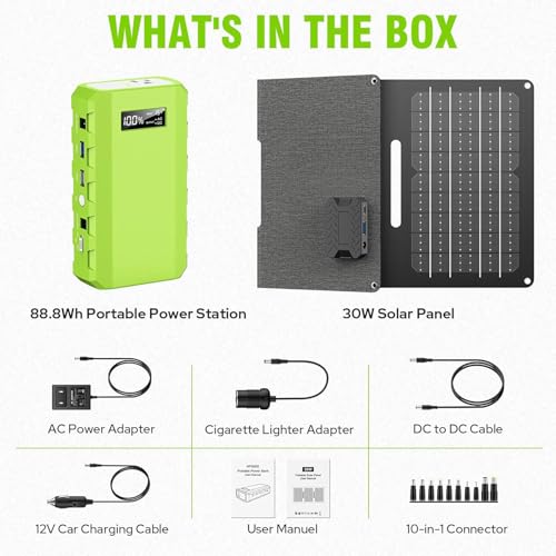 Portable Solar Generator with Panel, 24000mAh Portable Power Station with 30W Solar Panel, Lithium Battery Power 110V/88Wh AC, DC, USB QC3.0 for Home Camping Emergency Backup