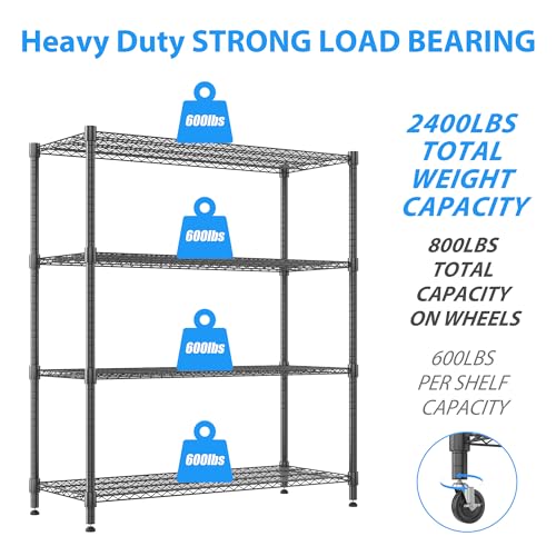 Homdox 60”W Storage Shelves, 4 Tier Heavy Duty Wire Shelving Unit with Wheels, 2400LBS Commercial Adjustable Metal Shelves for Storage, Garage Rack Pantry Shelves Kitchen Shelving, 24"x60"x72", Black