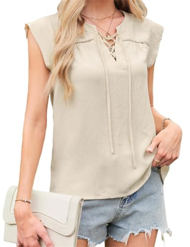 Textured Tops for Women V Neck Business Casual Outfits Cap Sleeve Shirt for Women 2024 Summer Western Shirts Dressy Casual Tops Apricot S