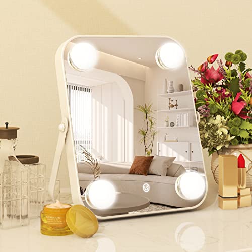 ROLOVE Vanity Mirror with Lights, Hollywood Makeup Mirror with Light, Lighted Tabletop Makeup Mirror with 4 Dimmable LED Bulbs, Portable Travel Makeup Mirror with U-Shaped Bracket, Smart Touch Control