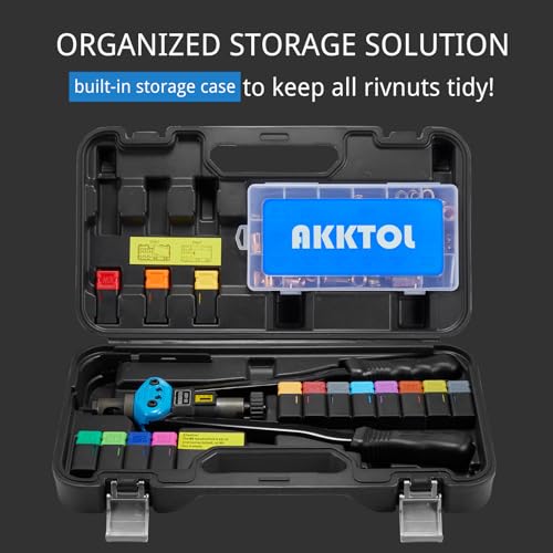 AKKTOL Rivet Nut Tool, 16" Rivnut Tool Kit with 15 Metric and SAE Mandrels, 125-PCS Rivet Nut Assortment Kit, Rugged Carrying Case, Ideal for Sheet Metal & Automotive Work