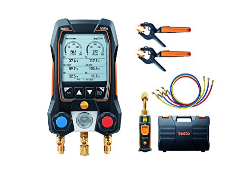 testo 550s AC Manifold Gauge Set – Manifold Gauges Hvac and Refrigeration – Incl. 2x testo 115i Pipe Clamp Thermometer, 1x testo 552i Micron Gauge and a Set of 3 Hoses – with Bluetooth
