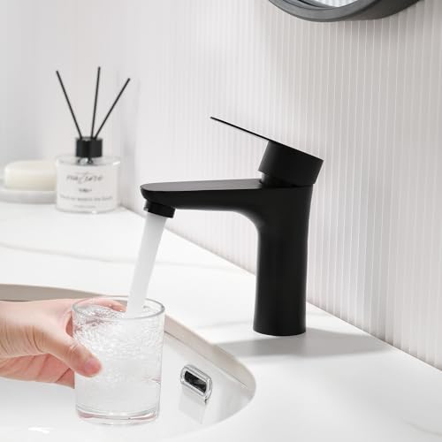 Black Bathroom Faucet,Single Handle Bathroom Sink Faucet, Commercial Bathroom Faucets,1 Hole Deck Mount RV Mixer Tap Lavatory Vanity Sink Faucet with Supply Lines KMBF008B