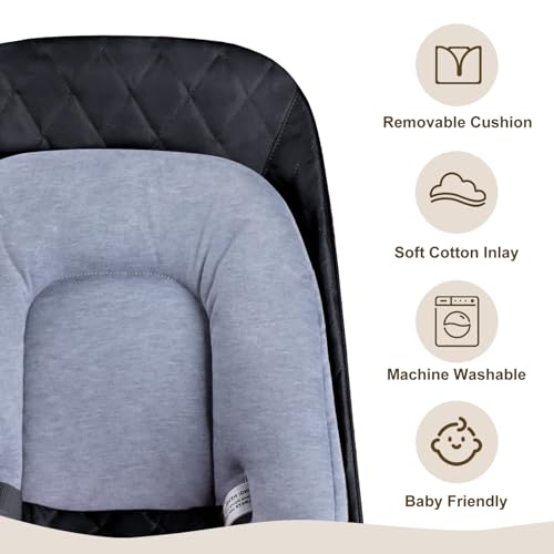 Kinder King Portable Baby Bouncer, Foldable Bouncer Seat w/Thickened Soft Cushion, 3-Point Harness, Lightweight Newborns Bouncy Seat, Black