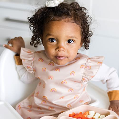 Tiny Twinkle Mess Proof Baby Bib - Waterproof Apron Machine Washable PVC, BPA, & Phthalate Free Great Travel for Eating Food Bibs (Boho Rainbow, Small 6-24 Months)