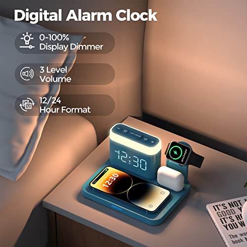 YORTOT Wireless Charging Station Alarm Clock with 7 Multiple Colors Light - 5 in 1 Wireless Charger,Charging Dock for Apple Devices, for iPhone 15 14 13 12 11 Pro Max,Apple Watch,AirPods,0-100% Dimmer