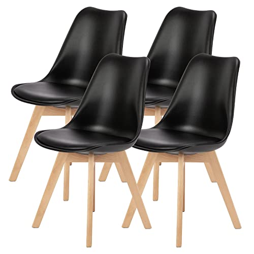 Sweetcrispy Dining Chairs, Dining Chairs Set of 4, Dining Room Chairs, Kitchen Chairs, Mid Century Modern Chairs, PU Leather Upholstered Chairs with Wood Legs, Kitchen & Dining Room Chairs, Black