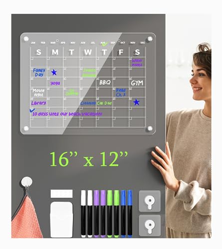 Magnetic Acrylic Calendar for Fridge, 16"x12" Clear Set of 2 Dry Erase Board Calendar for Fridge Reusable Planner, includes 8 Highlight Markers, Magnetic Pen Holder, 2 Nail-free Stickers and Towel