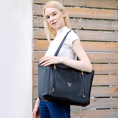 miss fong Diaper Bag Tote Leather Diaper Bag Backpack,Large Capacity Mommy Bag Hospital Bag,12 Pockets Travel Diaper Tote with Changing Pad,Stroller Straps & Insulated Pockets for Mom & Dad-Black