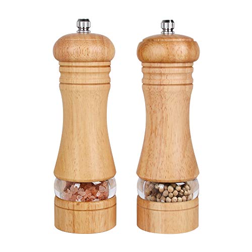 Haomacro Wood Salt and Pepper Grinder Set, Manual Mills with Acrylic Window, Adjustable Ceramic Grinding - 6.5inch, 2 Pack