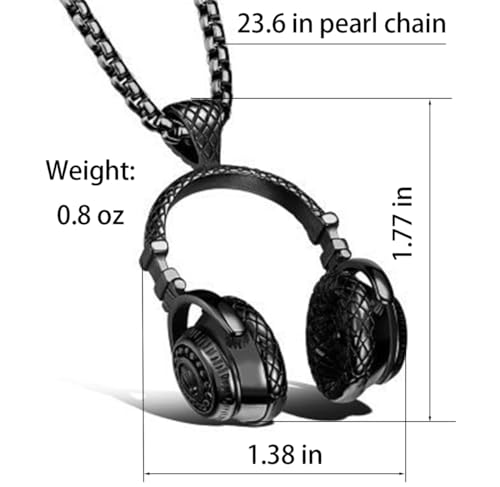 LXSSLY Black Headphone Necklace for Men,Hip Hop Punk Rock Headphones Pendant,Goth Music Charm Pendant Necklace,Cool Stainless Steel Jewelry for Men Women